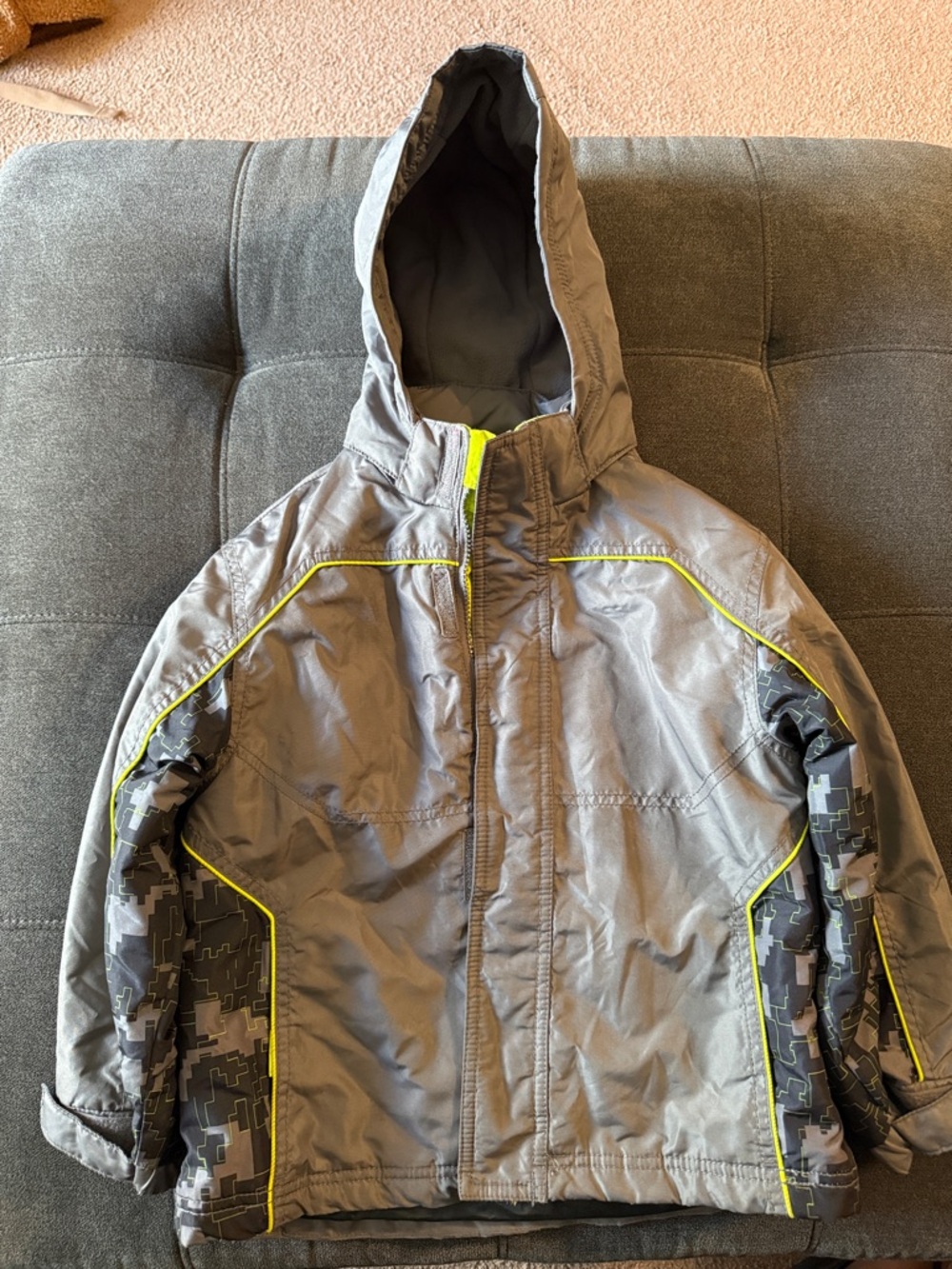 Cherokee Kids Grey Hooded Puffer Jacket with Yellow Trim